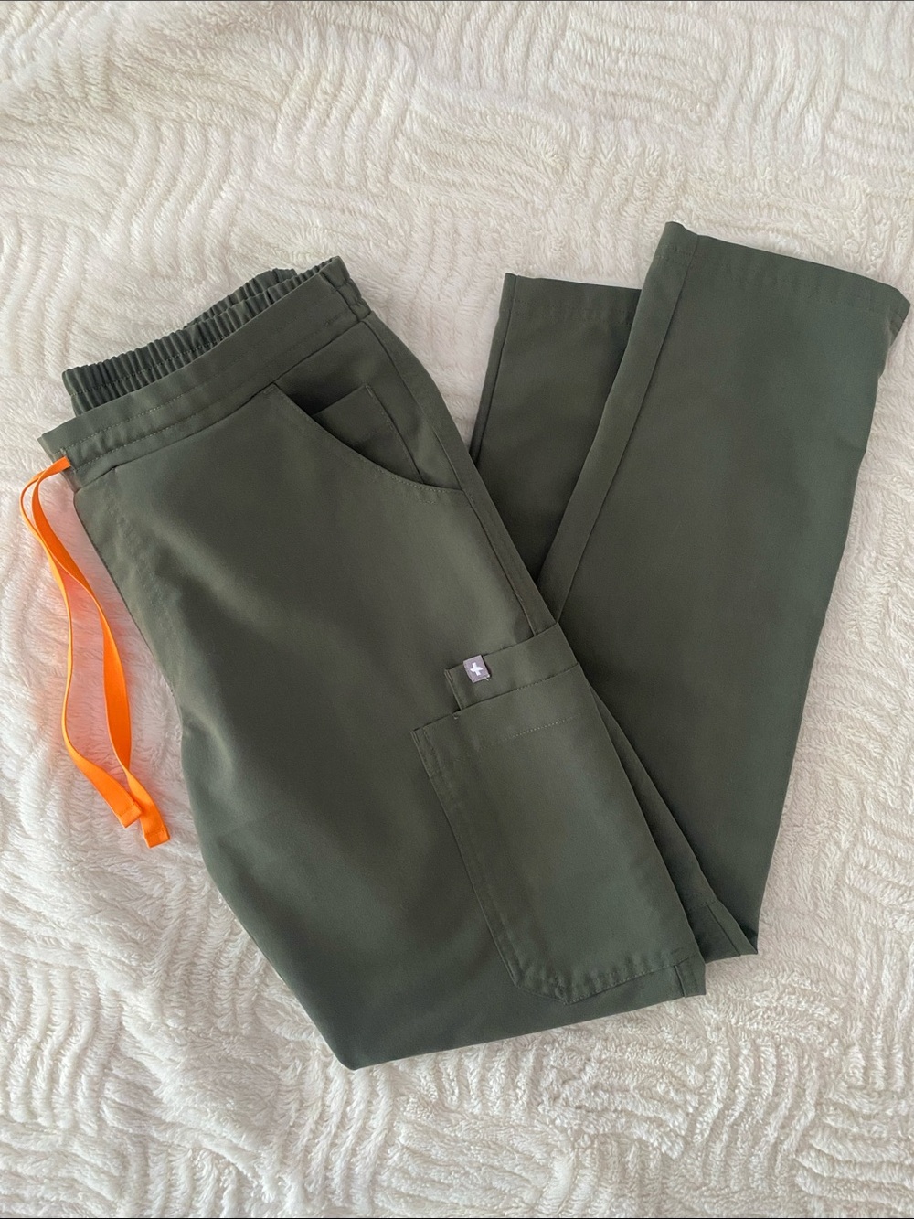 Figs Olive Green Women's Scrub Bottoms with Bright Orange Drawcord